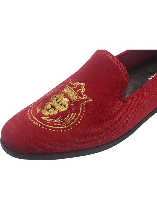 ELANROMAN Men\'s Red Velvet Loafers Embroidered Lion Crown Formal Party Shoes